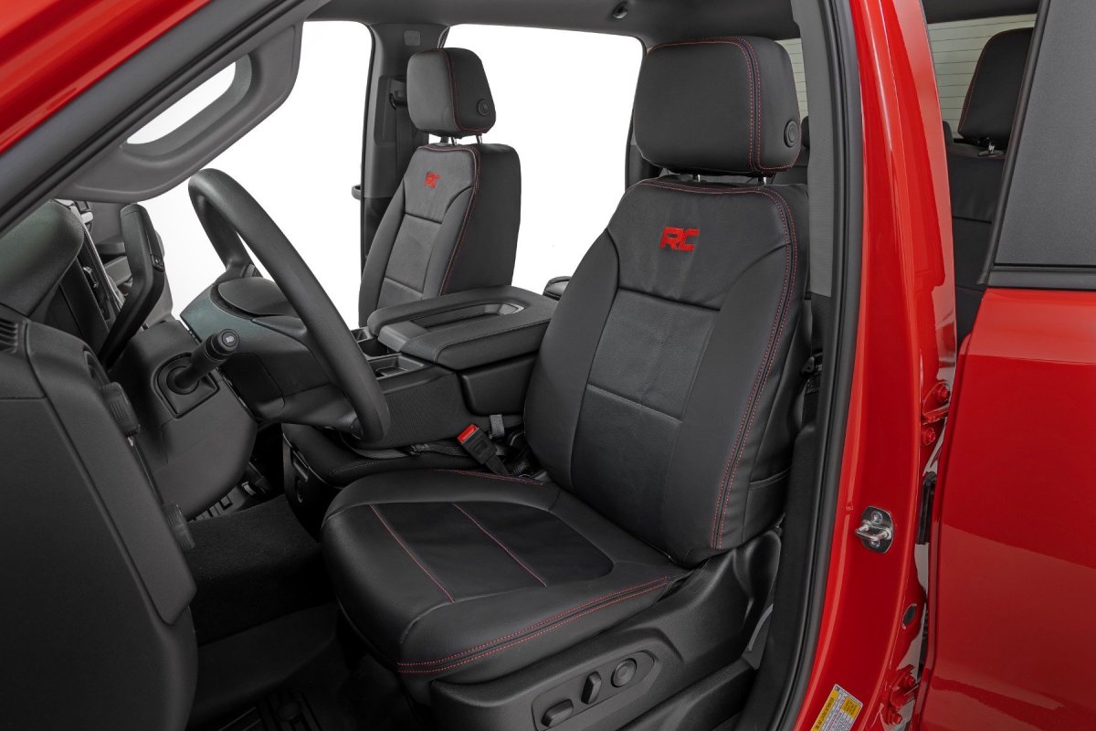 GMC Sierra 1500 Leather Seat Covers - Front + Rear - Rough Country - Premium Leather, Red Accent Stitching, Front Buckets + Rear 60/40 - Red Accent Stitching - '19-'25